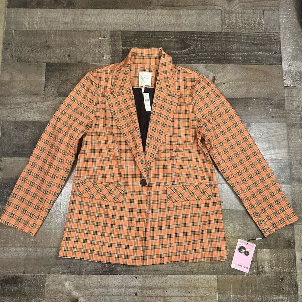 Avec Les Filles blazer womens Large orange NEW Anthropologie plaid oversized jac